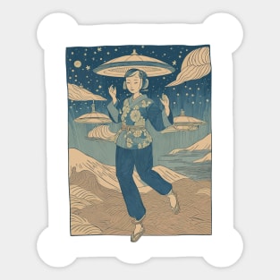 Escaping UFO (Japanese Ukiyo-e Woodblock Print) Sticker